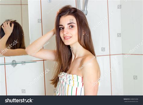 Cheerful Brunette Woman Towel Smiling Looking Stock Photo Edit Now 648825268