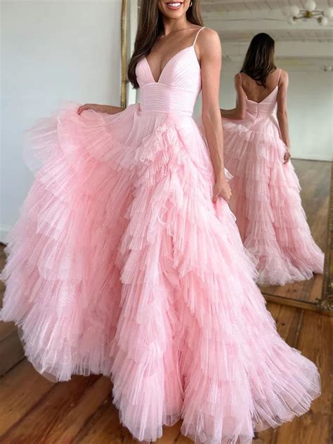 Ball Gown Princess V Neck Tulle Glitter Sweep Train Prom Dresses With