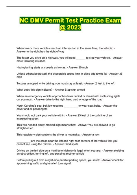 NC DMV Permit Test Practice Exam @ 2023 - NC DMV Permit - Stuvia US