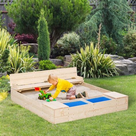 Kids Wooden Sandbox Children Outdoor Backyard Playset w/ Bench Buckets ...