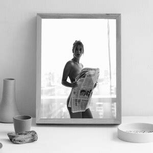 Naked Woman Reading Newspaper Print Feminist Poster Black And White Printable Bathroom Wall