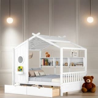 Wooden Full Size Kids Bed with Storage Shelf House Bed with 2 Drawers ...