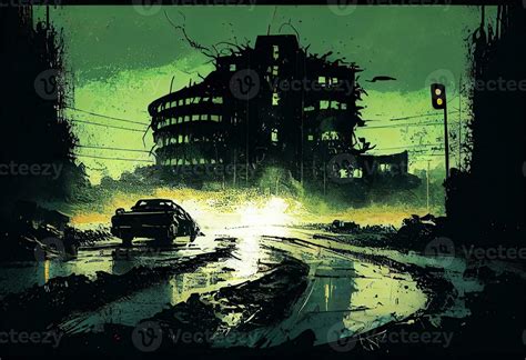 illustration painting of destroyed Abandoned City, Zombie Apocalypse ...