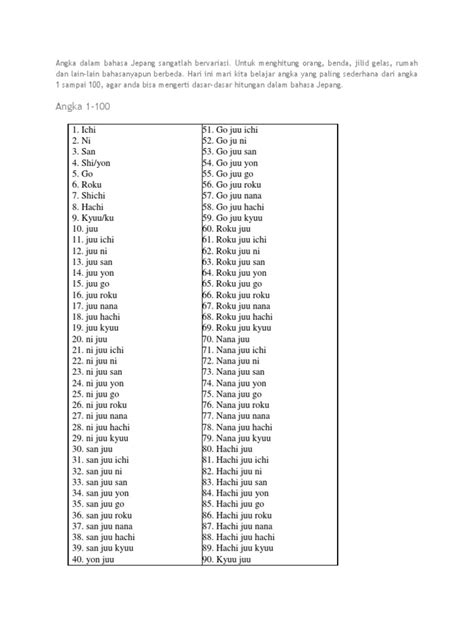 Angka 1 Sampai 100 Dalam Bahasa Jepang