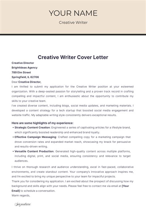 Free Creative Writer Cover Letter Template to Edit Online