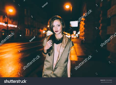 Sexy Gorgeous Brunette Girl Portrait Night Stock Photo