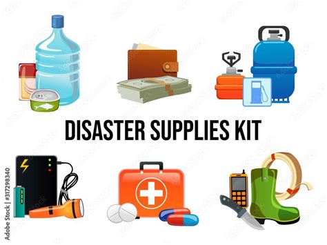 Disaster supplies kit set in cartoon style vector illustration. Collection essential goods flat ...