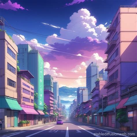 Purple-Toned City Street Lofi Wallpaper | Stable Diffusion Online