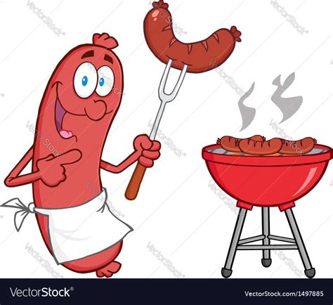 Sausage With Sausage On Fork And Barbecue Vector Image