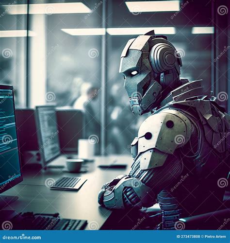 Robot At Work Futuristic Office With Many Humanoid Generative Ai Stock