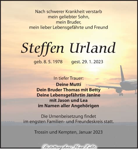 Traueranzeigen Von Steffen Urland Trauer Anzeigen De