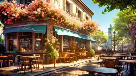 Outdoor Coffee Shop Ambience With Sweet Piano Jazz Music For Good Mood