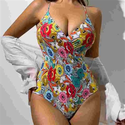 Flower Print Backless Sexy One Piece Swimsuit Women S Bikini Suit