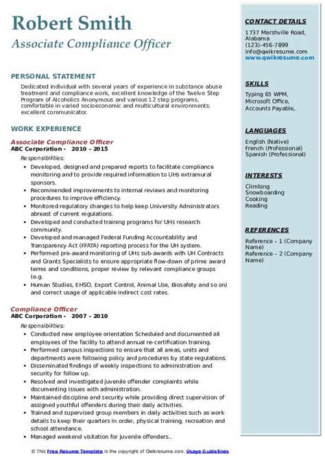 Compliance Resume Sample