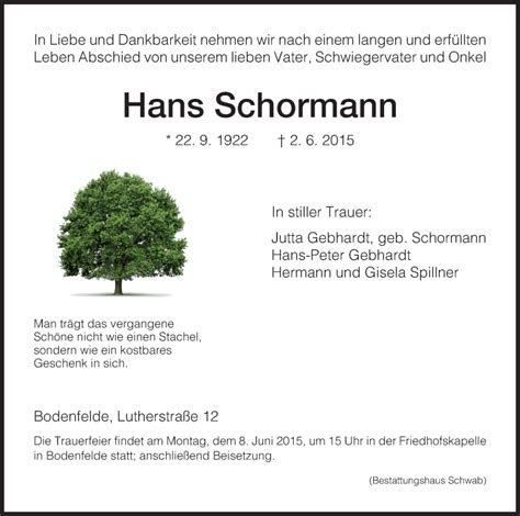 Traueranzeigen Von Hans Schormann Trauer HNA De