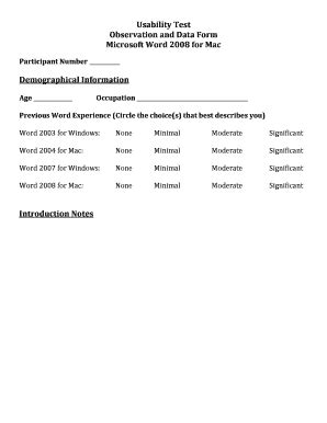 Fillable Online Usability Test Observation And Data Form Microsoft Word