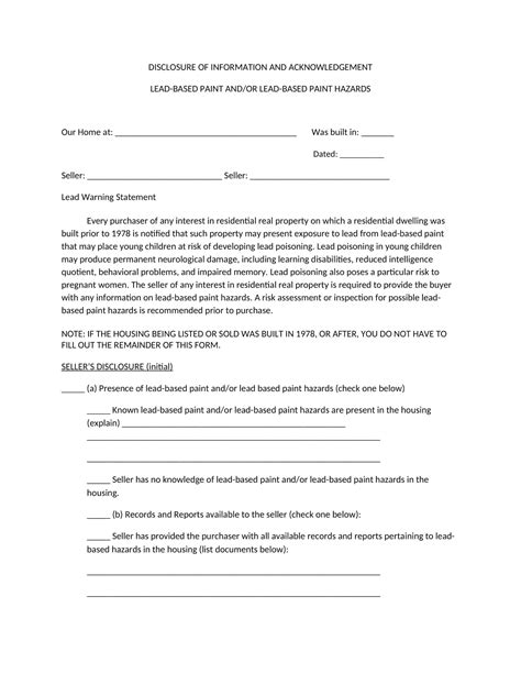 Free Printable Lead Based Paint Disclosure [PDF] Tenants Form For Renters
