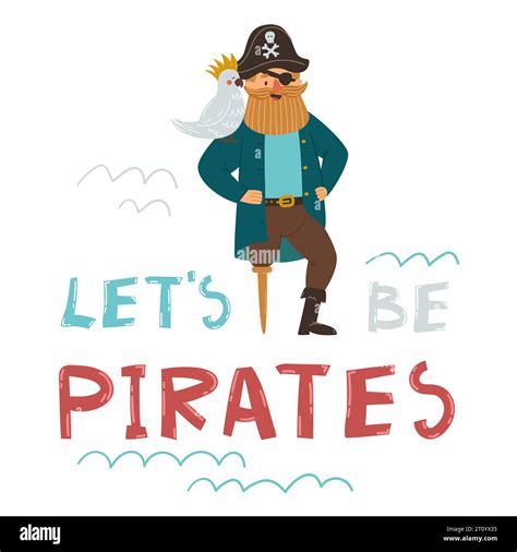 Pirate captain with a parrot and hat with skull and crossbones. Pirate ...