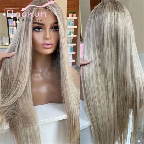 X Ash Blonde Colored Human Hair Wigs X Straight Lace Front Wig