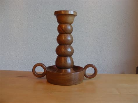 Candle Holder Mid Century Turned Wood Candlestick Holder