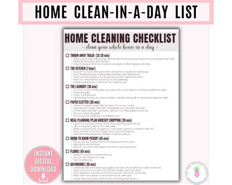 House Cleaning Checklist Printable, Clean House in A Day, Home Cleaning Task List, Cleaning ...