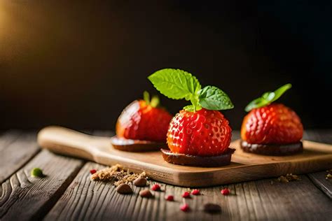 Tres Fresas En Un De Madera Corte Tablero Generado Por Ai