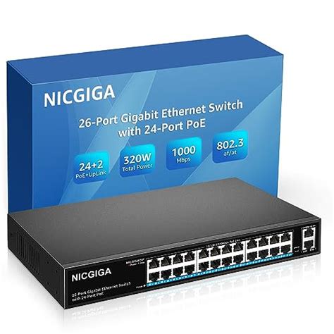 24 Port Gigabit PoE Switch Unmanaged, 24 Port PoE+@320W, 2 Gigabit ...