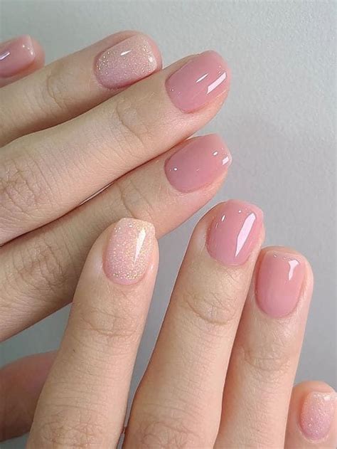 Nude Pink Korean Jelly Nails With Glitter Short Pink Nails Pink Gel Nails Pink Glitter Nails