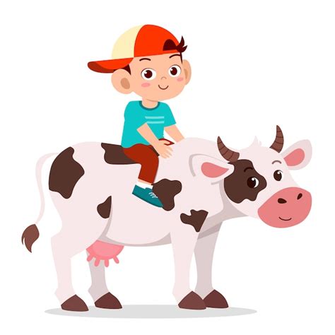 Feliz Niño Lindo Niño Montando Vaca Vector Premium