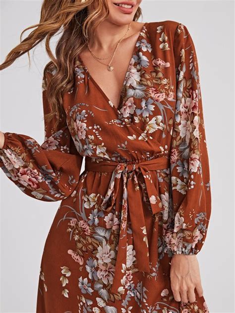 Shein Clasi Surplice Neck Self Belted Botanical Print Dress Shein Usa