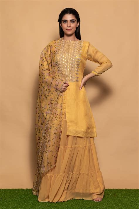 Buy Yellow Organza Hand Embroidered Thread Work High Kurta Sharara Set