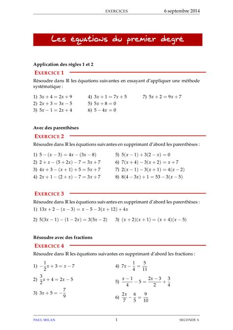 Les Quations Du Premier Degr Exercices Non Corrig S Alloschool