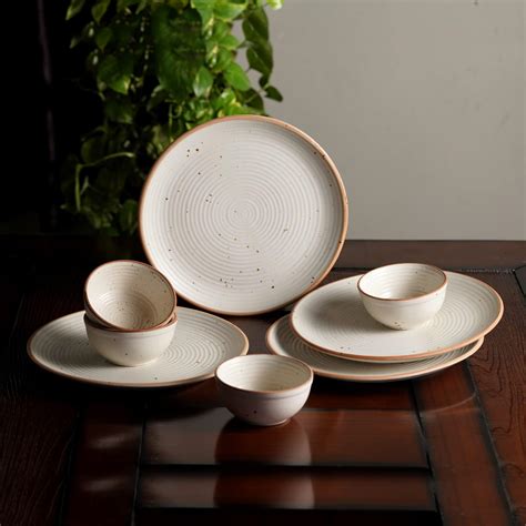 The Earth Store Handcrafted Mustard Marble 12 Piece Ceramic Dinner Set 6 Full Dinner Plates 6