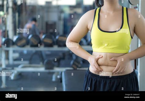 Close Up Woman Holding Excessive Fat Belly Woman Overweight Abdomen