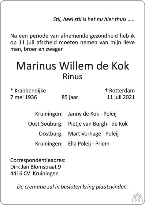 Marinus Willem Rinus De Kok 11 07 2021 Overlijdensbericht En