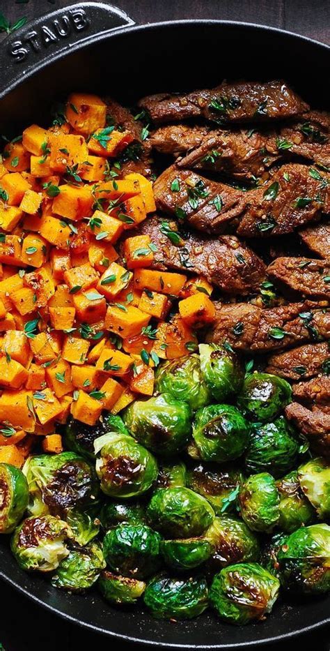 Garlic Butter Steak With Brussels Sprouts And Sweet Potatoes Or