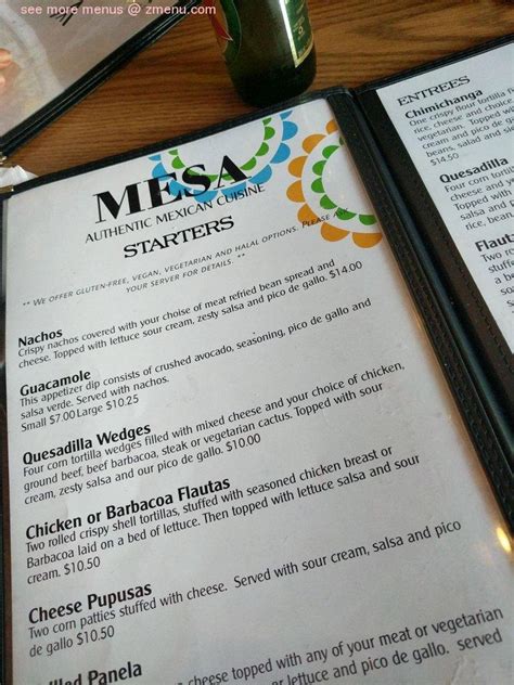 Menu at Mesa restaurant, Hamilton