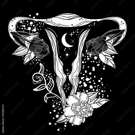 Anatomical Tattoo Art Print With Uterus Woman Power Stock Vector