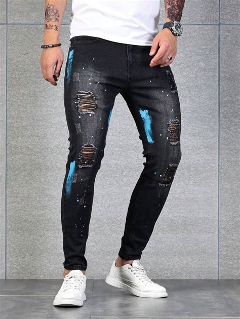 Manfinity Legnd Men Cotton Splash Ink Print Ripped Frayed Skinny Jeans