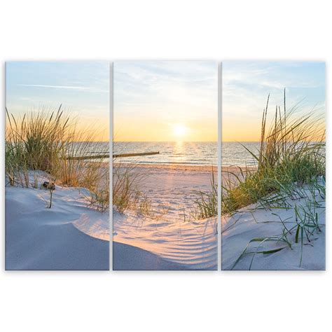 Leinwandbild 3 teilig Strand Meer Dünen Sonnenuntergang wall art de