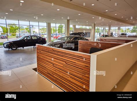 modern car dealership showroom interior  natural light stock photo