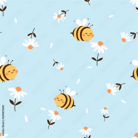 Seamless Pattern With Daisy Flower And Bee Cartoons On Blue Background