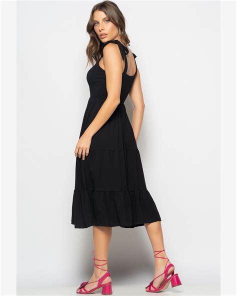 Riachuelo Vestido Midi Babado Alça Amarração Malha Preto Salvatore