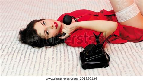 Sexy Brunette Woman Red Lips Talking Stock Photo Shutterstock