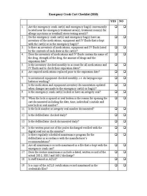 Emergency Crash Cart Checklist 2010 Yes No Pdf Health Sciences