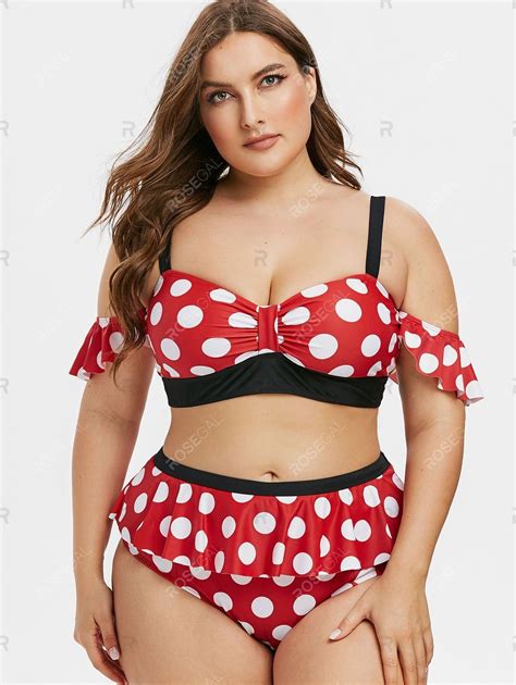 Plus Size Polka Dot Flounce Cold Shoulder Two Piece Swimwear Two