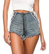 FEOYA Women S Low Rise Denim Shorts Sexy Lace Up Micro Jeans Thong Cut Off Mini Hot Pants Frayed