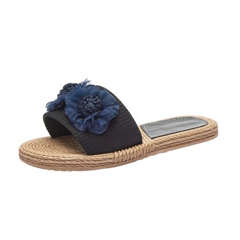 Lovskoo Women S Slippers Open Toe Flip Flops Navy Blue Flower Flat