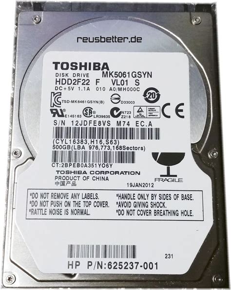 Toshiba MK5061GSYN 500GB HDD2F22 F VL01 S F W A0 MH000C 2 5 Zoll