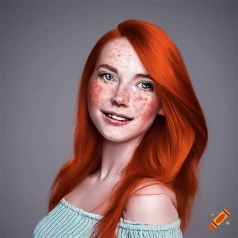 Portrait Of A Smiling Young Woman With Red Hair And Freckles